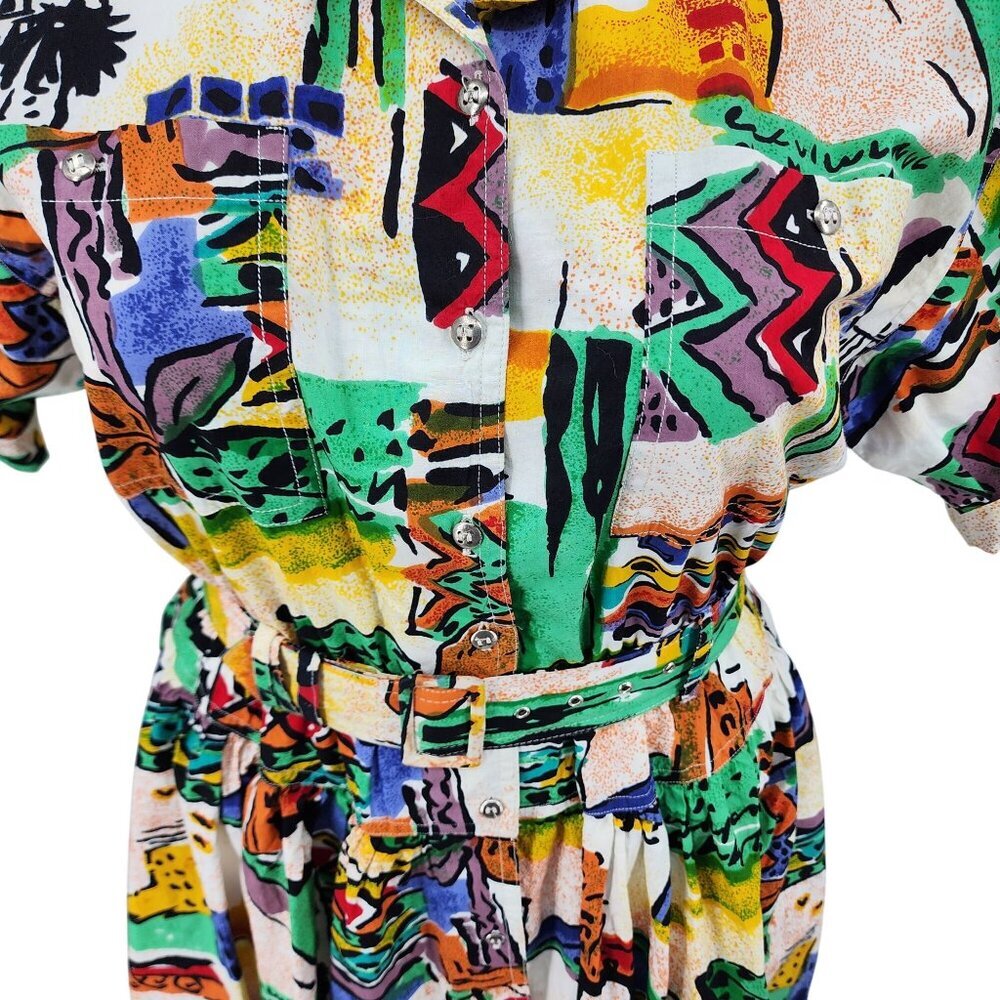 Vintage Together! Multicolor Abstract Print Belted Short-Sleeve Cotton Dress Wom - Picture 4 of 12